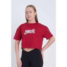 Velvoria Kadın Oversize Amore Bordo Renk Crop