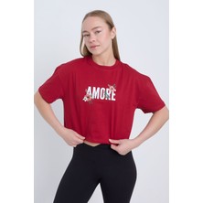 Velvoria Kadın Oversize Amore Bordo Renk Crop