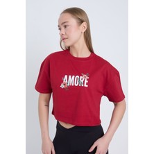 Velvoria Kadın Oversize Amore Bordo Renk Crop