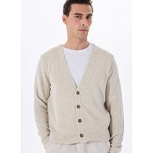 Bej Erkek V Yaka Regular Fit Jakarlı Keten Karışımlı Hırka FC5SM-HRK 2758