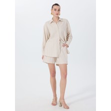 Fabrika Loose Fit Gömlek Yaka Çizgili Bej Kadın Gömlek F5SL-GML0026