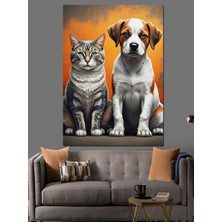 Ekart Kedi ve Köpek Dostluğu Dekoratif Kanvas - Mdf Ahşap Tablo