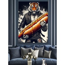 Ekart Hotdog Yiyen Kaplan Dekoratif Kanvas - Mdf Ahşap Tablo