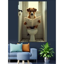 Ekart Tuvalette Gazete Okuyan Köpek Dekoratif Kanvas - Mdf Ahşap Tablo