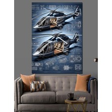 Ekart Çift Helikopter Teknik Çizimi Dekoratif Kanvas - Mdf Ahşap Tablo