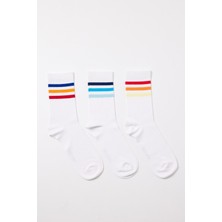 Çocuk Renkli Şeritli 3'lü Paket Soket Çorap Beyaz