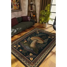 Homshtag Art Deco Mantar Desenli Halı Bitki Temalı Krem Siyah Renk Modern Dijital Baskı Çiçekli Halı