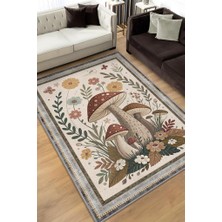 Homshtag Art Deco Çiçekli Mantar Desenli Halı Bitki Temalı Krem Renkli Modern Dijital Baskı Halı