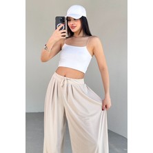 PNT-07413 Taş Rengi Modal Kumaş Paça Detaylı Şalvar Pantolon