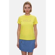 Ucla ISOLDE Açık Sarı Bisiklet Yaka Simli Baskılı %100 Pamuk Standard Fit Kadın Tshirt