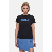 Ucla Isolde Siyah Bisiklet Yaka Simli Baskılı %100 Pamuk Standard Fit Kadın Tshirt