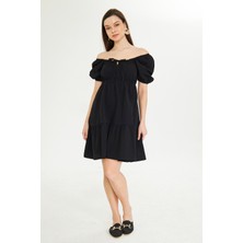 Beli Lastikli Buzgulu Poplin Elbise