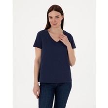 Pierre Cardin Kadın Lacivert Regular Fit V Yaka Basic Tişört 50305749-VR033