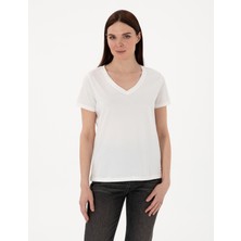 Pierre Cardin Kadın Beyaz Regular Fit V Yaka Basic Tişört 50305749-VR013