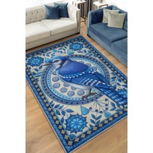 Homshtag Nuh'un Gemisi Koleksiyonu Mavi Alakarga Kuşu Temalı Çiçekli Mavi Renk Bordürlü Konsept Halı