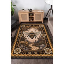 Homshtag Nuh'un Gemisi Koleksiyonu Arı Temalı Çiçekli Siyah Sarı Renkli Bordürlü Şık Konsept Halı