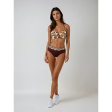 Kadın Kahve Çiçek Desenli Büyük Beden Astarlı Lacivert Bikini Takım HZL25S-LC3301