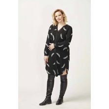 1956 Siyah Tüy Desenli Uzun Kollu Esnek Büyük Beden Triko Elbise