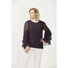 28009 Kolları Fırfırlı Büyük Beden Bluz Koyu Mürdüm