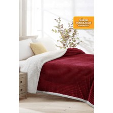 Evlen Home Collection Sherpa Battaniye Çift Kişilik Çizgili Yumuşak Peluş Wellsoft Yatak Örtüsü Bordo