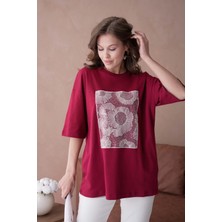 Bisiklet Yaka Ön Yüzü Tül Detaylı Oversize Kalıp Basic T-Shirt