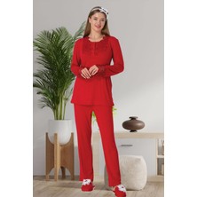Mecit 6500 Kırmızı Kadife Sabahlıklı Gecelik Pijama Lohusa Set