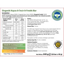 Happy Village Organik Kayısı&incir&fındık Bar -Meyve Barı- Organik Meyve Barı- Glutensiz- Vegan-40GR x 16 Ad
