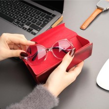 Pyramid Deri Gözlük Kılıfı - Optik ve Güneş Gözlükleri Için - Üçgen Dizayn & Katlanabilir Tasarım - Kırmızı