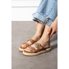 Shoete Spac Kadın Terlik Çift Taşlı Bantlı  Deri Taba