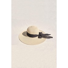 Haşema Fiyonklu Bej Hasır Plaj Şapkası Kadınlar İçin Güneşten Koruma 55 cm