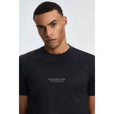 Hemington Baskılı Merserize Pamuk Siyah Bisiklet Yaka T-Shirt