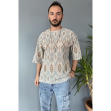 Oversize Tişört Bisiklet Yaka Jakarlı Tişört