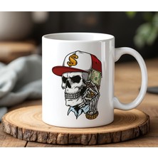 BB Design BB Desing  Şapkalı Kuru Kafa Tasarımlı Beyaz Seramik Baskılı Kupa Bardak 330 ml