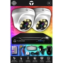 Turkno 2 Kameralı Domie 2 Iç Kamera Set 100 GB HDD Full Hd Renkli Gece Görüşlü Güvenlik Kamerası Sistemi