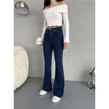 Kadın Yüksek Bel Likralı Ispanyol Paça Jeans