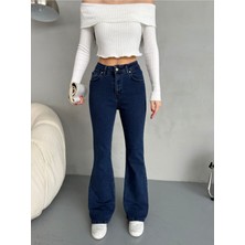 Kadın Yüksek Bel Likralı Ispanyol Paça Jeans