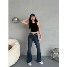 Kadın Yüksek Bel Likralı Ispanyol Paça Jeans