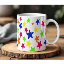 BB Design BB Desing Rengarenk Yıldızlar Tasarımlı Beyaz Seramik Baskılı Kupa Bardak 330 ml