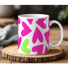 BB Design BB Desing  Pembe Kalpler Tasarımlı Beyaz Seramik Baskılı Kupa Bardak 330 ml