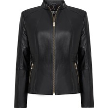 Derimod Lydia (Plus) Kadın Siyah Geniş Kalıp Fermuarlı Deri Ceket 25SGE52971M