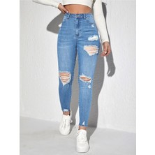 Skinny Yüksek Bel Açık Yıkama Likralı Yırtık Jean