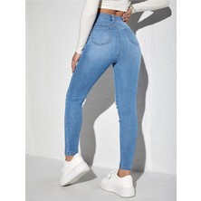 Skinny Yüksek Bel Açık Yıkama Likralı Yırtık Jean
