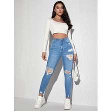 Skinny Yüksek Bel Açık Yıkama Likralı Yırtık Jean