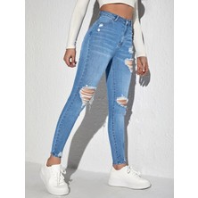 Skinny Yüksek Bel Açık Yıkama Likralı Yırtık Jean