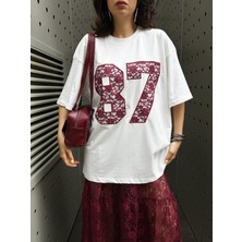 Kadın Bordo Dantel Nakışlı Oversize T-Shirt 29055