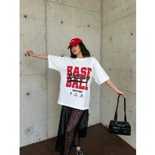 Kadın Beyaz %100 Pamuk Baskılı Oversize T-Shirt 29179