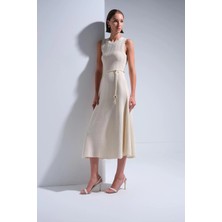 Join Us Kadın Kuşaklı Kolsuz Midi Kloş Elbise S046 Ekru