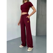 Osy Modal Yumuşak Dokulu Kumaş Nakış Işlemeli Rahat Bol Paça Eşofman Pantalon - Bordo