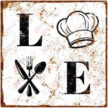 Pas Tasarımlı Şef Şapkası ve Çatal-Bıçak Simgeli Love Yazılı Tabela - Alüminyum  Mutfak, Cafe Dekoru