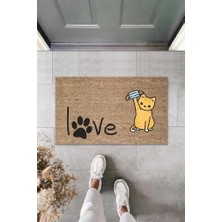 Dijital Baskı Kahverengi Patili Love Yazılı Maskeli Kedi Dekoratif Kapı Paspası K-2010